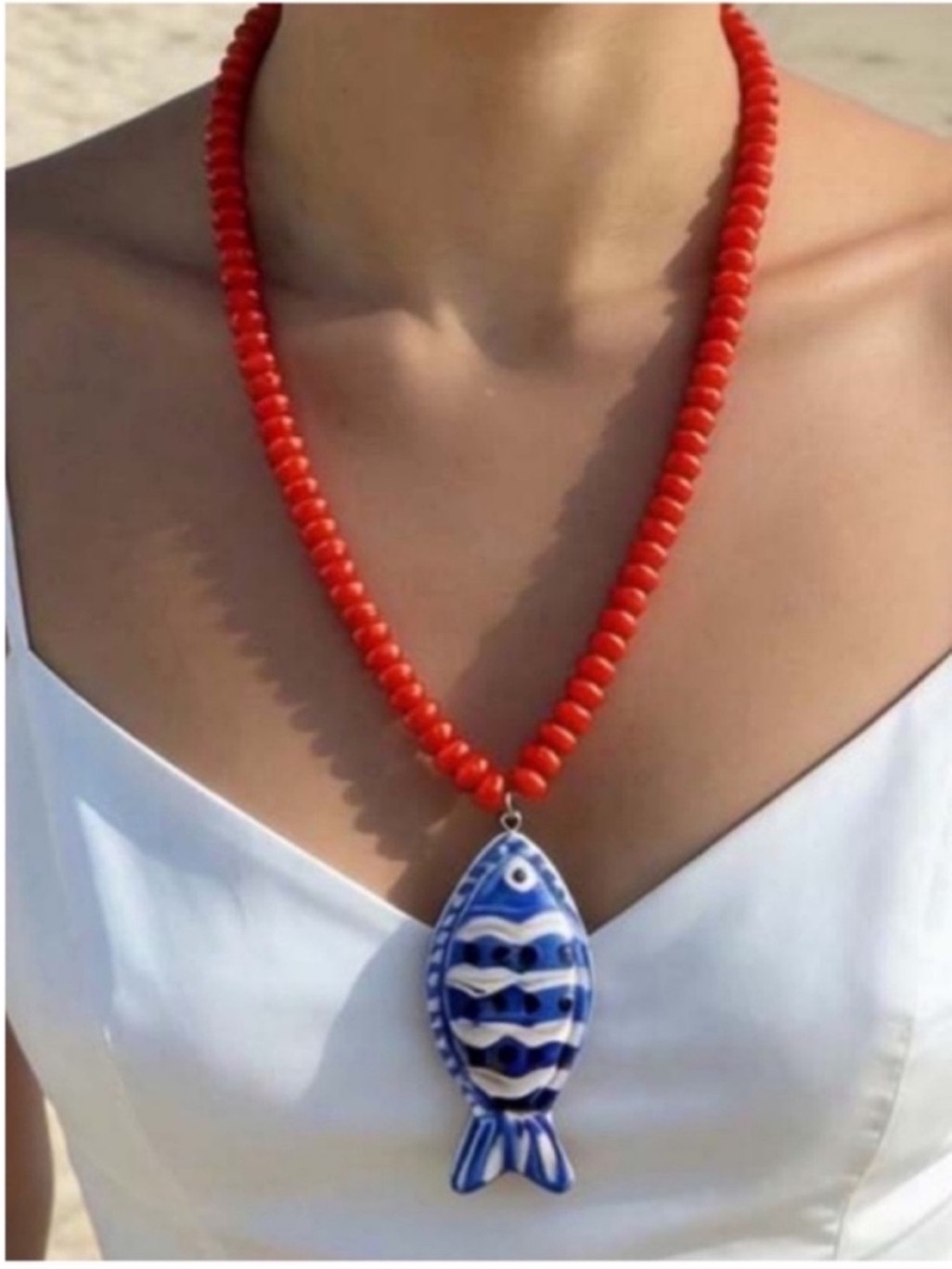 New! Red Coastal Blue Fish Beaded Necklace Nwot (3028)